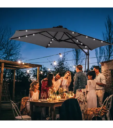 Sombrilla Excéntrica de 3 m con Luces LED con Manivela y Base Cruzada para Exterior Patio Terraza Gris Oscuro