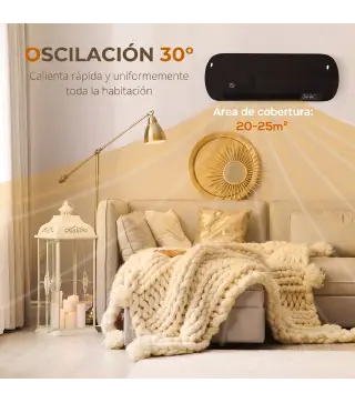 Calefactor Eléctrico de Pared 2000W con 3 Modos Pantalla LED Termostato Temporizador y Oscilación Negro