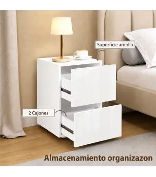 Juego de 2 Mesitas de Noche Estrechas Mesillas de Noche Dormitorio con 2 Cajones Frentes de Alto Brillo Blanco
