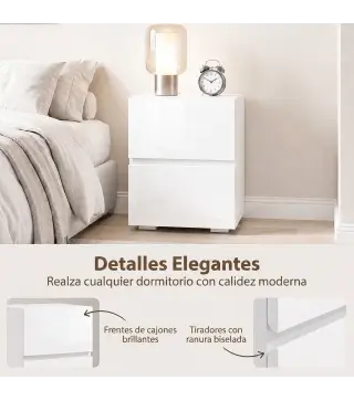 Juego de 2 Mesitas de Noche Estrechas Mesillas de Noche Dormitorio con 2 Cajones Frentes de Alto Brillo Blanco