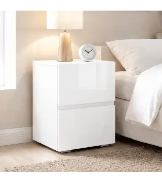 Juego de 2 Mesitas de Noche Estrechas Mesillas de Noche Dormitorio con 2 Cajones Frentes de Alto Brillo Blanco