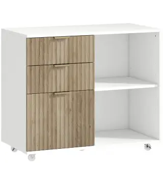 Mueble para Impresora con Ruedas 3 Cajones Barra Ajustable 2 Estantes Abiertos para Documentos Tamaño A4 Blanco y Roble