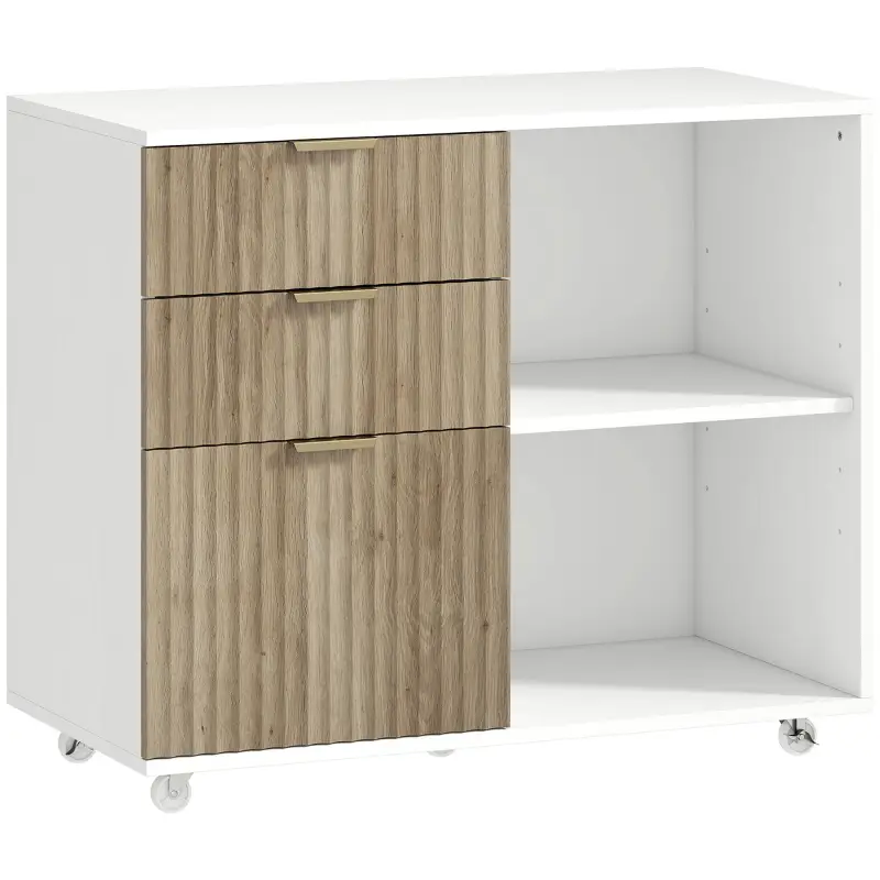 Mueble para Impresora con Ruedas 3 Cajones Barra Ajustable 2 Estantes Abiertos para Documentos Tamaño A4 Blanco y Roble Mueble para Impresora con Ruedas 3 Cajones Barra Ajustable 2 Estantes Abiertos para Documentos Tamaño A4 Blanco y Roble