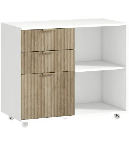 Mueble para Impresora con Ruedas 3 Cajones Barra Ajustable 2 Estantes Abiertos para Documentos Tamaño A4 Blanco y Roble