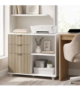 Mueble para Impresora con Ruedas 3 Cajones Barra Ajustable 2 Estantes Abiertos para Documentos Tamaño A4 Blanco y Roble