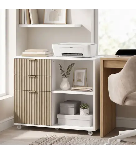 Mueble para Impresora con Ruedas 3 Cajones Barra Ajustable 2 Estantes Abiertos para Documentos Tamaño A4 Blanco y Roble