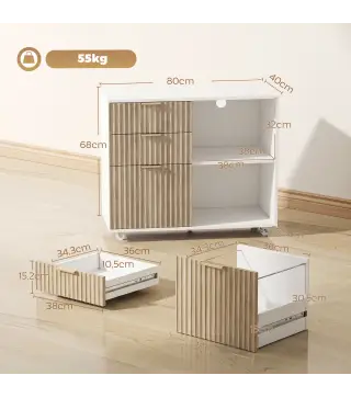 Mueble para Impresora con Ruedas 3 Cajones Barra Ajustable 2 Estantes Abiertos para Documentos Tamaño A4 Blanco y Roble