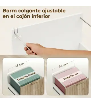 Mueble para Impresora con Ruedas 3 Cajones Barra Ajustable 2 Estantes Abiertos para Documentos Tamaño A4 Blanco y Roble