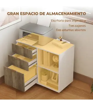 Mueble para Impresora con Ruedas 3 Cajones Barra Ajustable 2 Estantes Abiertos para Documentos Tamaño A4 Blanco y Roble