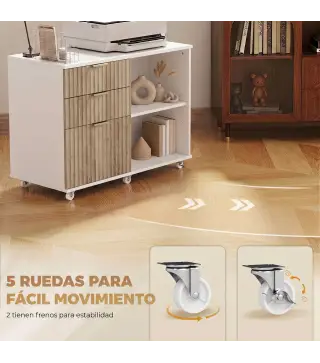 Mueble para Impresora con Ruedas 3 Cajones Barra Ajustable 2 Estantes Abiertos para Documentos Tamaño A4 Blanco y Roble