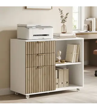 Mueble para Impresora con Ruedas 3 Cajones Barra Ajustable 2 Estantes Abiertos para Documentos Tamaño A4 Blanco y Roble