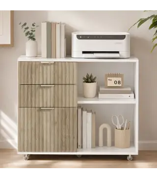 Mueble para Impresora con Ruedas 3 Cajones Barra Ajustable 2 Estantes Abiertos para Documentos Tamaño A4 Blanco y Roble