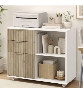 Mueble para Impresora con Ruedas 3 Cajones Barra Ajustable 2 Estantes Abiertos para Documentos Tamaño A4 Blanco y Roble