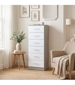 Cómoda de 6 Cajones Cajonera Alta para Dormitorio con Antivuelco 40x40x110 cm Gris Claro y Blanco