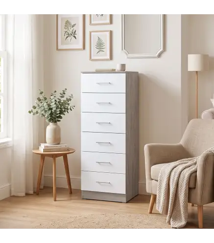 Cómoda de 6 Cajones Cajonera Alta para Dormitorio con Antivuelco 40x40x110 cm Gris Claro y Blanco