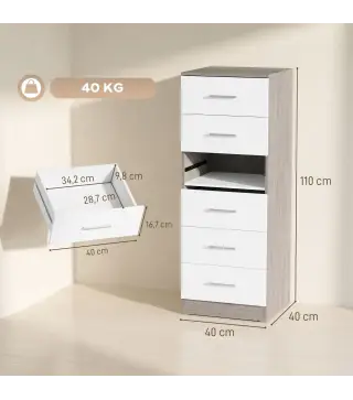 Cómoda de 6 Cajones Cajonera Alta para Dormitorio con Antivuelco 40x40x110 cm Gris Claro y Blanco