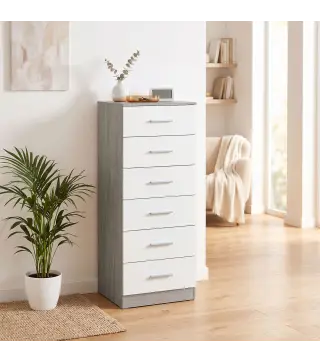 Cómoda de 6 Cajones Cajonera Alta para Dormitorio con Antivuelco 40x40x110 cm Gris Claro y Blanco