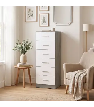 Cómoda de 6 Cajones Cajonera Alta para Dormitorio con Antivuelco 40x40x110 cm Gris Claro y Blanco