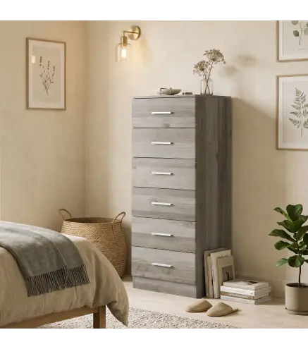 Cómoda de 6 Cajones Cajonera Alta para Dormitorio con Antivuelco 40x40x110 cm Gris Claro
