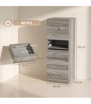 Cómoda de 6 Cajones Cajonera Alta para Dormitorio con Antivuelco 40x40x110 cm Gris Claro