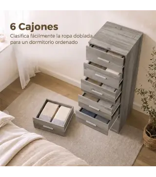 Cómoda de 6 Cajones Cajonera Alta para Dormitorio con Antivuelco 40x40x110 cm Gris Claro