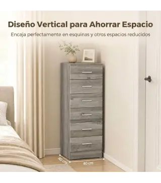 Cómoda de 6 Cajones Cajonera Alta para Dormitorio con Antivuelco 40x40x110 cm Gris Claro