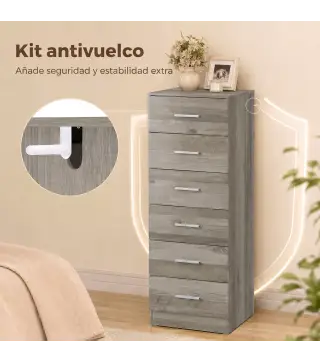 Cómoda de 6 Cajones Cajonera Alta para Dormitorio con Antivuelco 40x40x110 cm Gris Claro