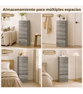 Cómoda de 6 Cajones Cajonera Alta para Dormitorio con Antivuelco 40x40x110 cm Gris Claro