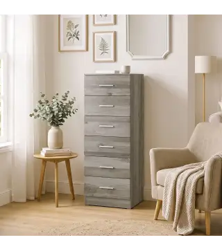 Cómoda de 6 Cajones Cajonera Alta para Dormitorio con Antivuelco 40x40x110 cm Gris Claro