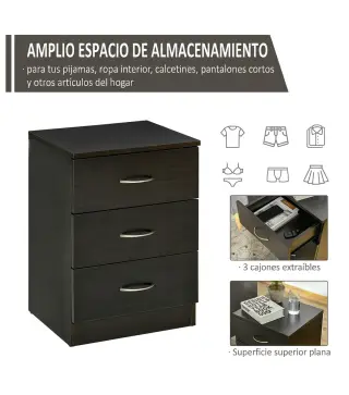 Mesilla de Noche con 3 Cajones y Asas de Aluminio Mesilla de Noche para Dormitorio Salón 40x35x58 cm Marrón Oscuro