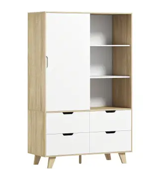 Armario Dormitorio Moderno con Puertas Correderas Barra para Colgar Estantes Ajustables y 4 Cajones Roble y Blanco