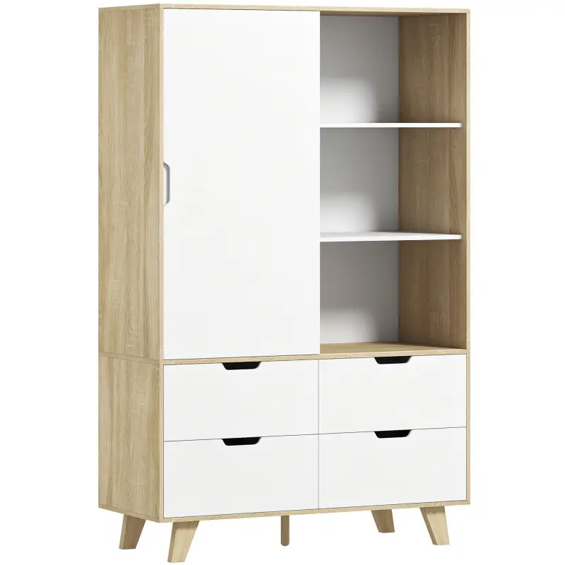 Armario Dormitorio Moderno con Puertas Correderas Barra para Colgar Estantes Ajustables y 4 Cajones Roble y Blanco