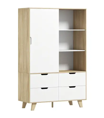 Armario Dormitorio Moderno con Puertas Correderas Barra para Colgar Estantes Ajustables y 4 Cajones Roble y Blanco