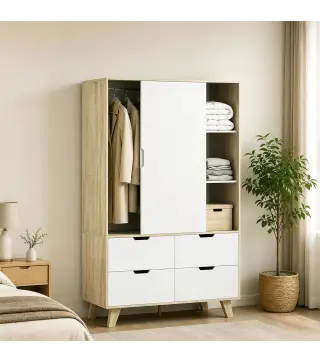 Armario Dormitorio Moderno con Puertas Correderas Barra para Colgar Estantes Ajustables y 4 Cajones Roble y Blanco
