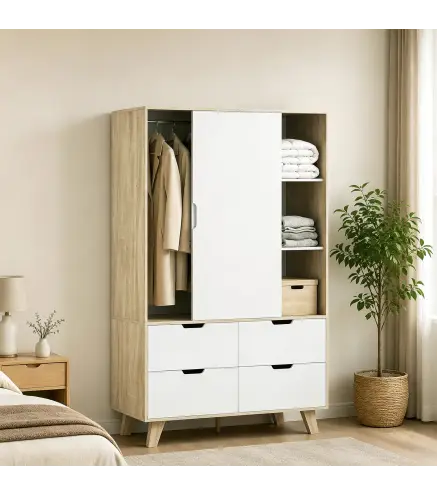 Armario Dormitorio Moderno con Puertas Correderas Barra para Colgar Estantes Ajustables y 4 Cajones Roble y Blanco