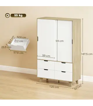 Armario Dormitorio Moderno con Puertas Correderas Barra para Colgar Estantes Ajustables y 4 Cajones Roble y Blanco