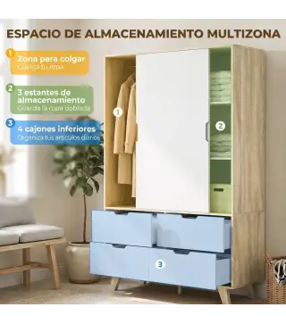 Armario Dormitorio Moderno con Puertas Correderas Barra para Colgar Estantes Ajustables y 4 Cajones Roble y Blanco