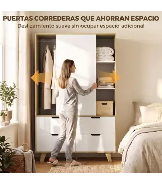 Armario Dormitorio Moderno con Puertas Correderas Barra para Colgar Estantes Ajustables y 4 Cajones Roble y Blanco