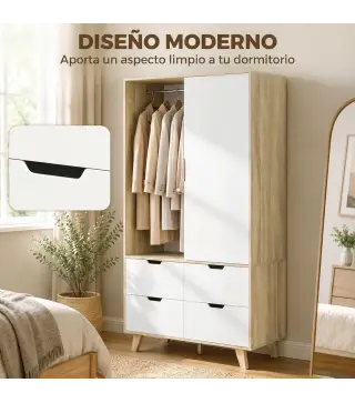 Armario Dormitorio Moderno con Puertas Correderas Barra para Colgar Estantes Ajustables y 4 Cajones Roble y Blanco
