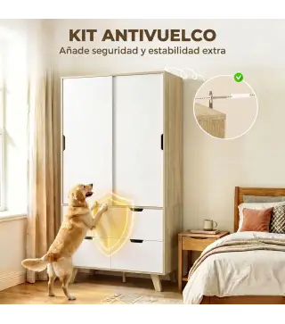 Armario Dormitorio Moderno con Puertas Correderas Barra para Colgar Estantes Ajustables y 4 Cajones Roble y Blanco