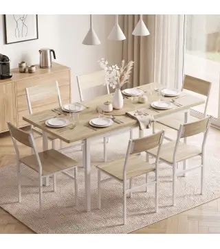 Conjunto Mesa de Comedor Extensible 120-160 cm y 6 Sillas para 4-6 Personas Efecto Roble