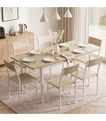Conjunto Mesa de Comedor Extensible 120-160 cm y 6 Sillas para 4-6 Personas Efecto Roble