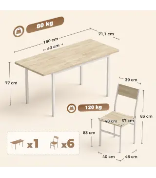 Conjunto Mesa de Comedor Extensible 120-160 cm y 6 Sillas para 4-6 Personas Efecto Roble