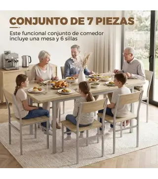 Conjunto Mesa de Comedor Extensible 120-160 cm y 6 Sillas para 4-6 Personas Efecto Roble