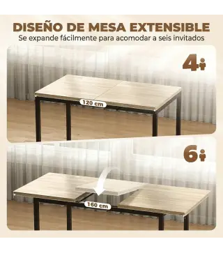 Conjunto Mesa de Comedor Extensible 120-160 cm y 6 Sillas para 4-6 Personas Efecto Roble