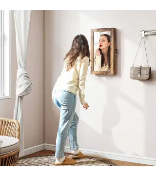 Espejo Joyero de Pared con Cerradura y Varios Compartimentos Montar en Pared o Puerta Marrón Rústico y Forro Negro