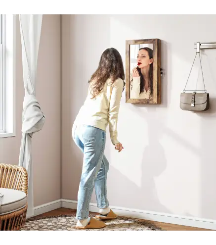Espejo Joyero de Pared con Cerradura y Varios Compartimentos Montar en Pared o Puerta Marrón Rústico y Forro Negro