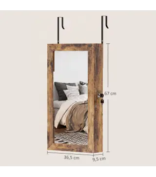 Espejo Joyero de Pared con Cerradura y Varios Compartimentos Montar en Pared o Puerta Marrón Rústico y Forro Negro