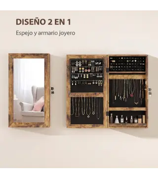 Espejo Joyero de Pared con Cerradura y Varios Compartimentos Montar en Pared o Puerta Marrón Rústico y Forro Negro