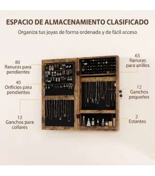 Espejo Joyero de Pared con Cerradura y Varios Compartimentos Montar en Pared o Puerta Marrón Rústico y Forro Negro